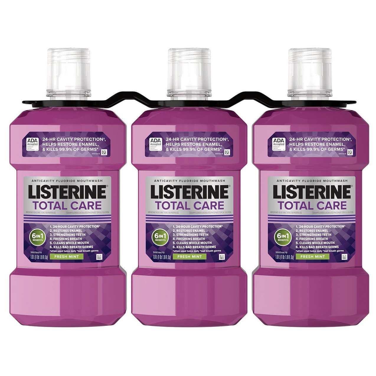 Listerine 리스테린 토탈 케어 프레시 민트 구강세정제 패밀리 3팩 6 in 1 종합 케어·불화나트륨·에센셜 오일 (3 × 33.8 fl oz)