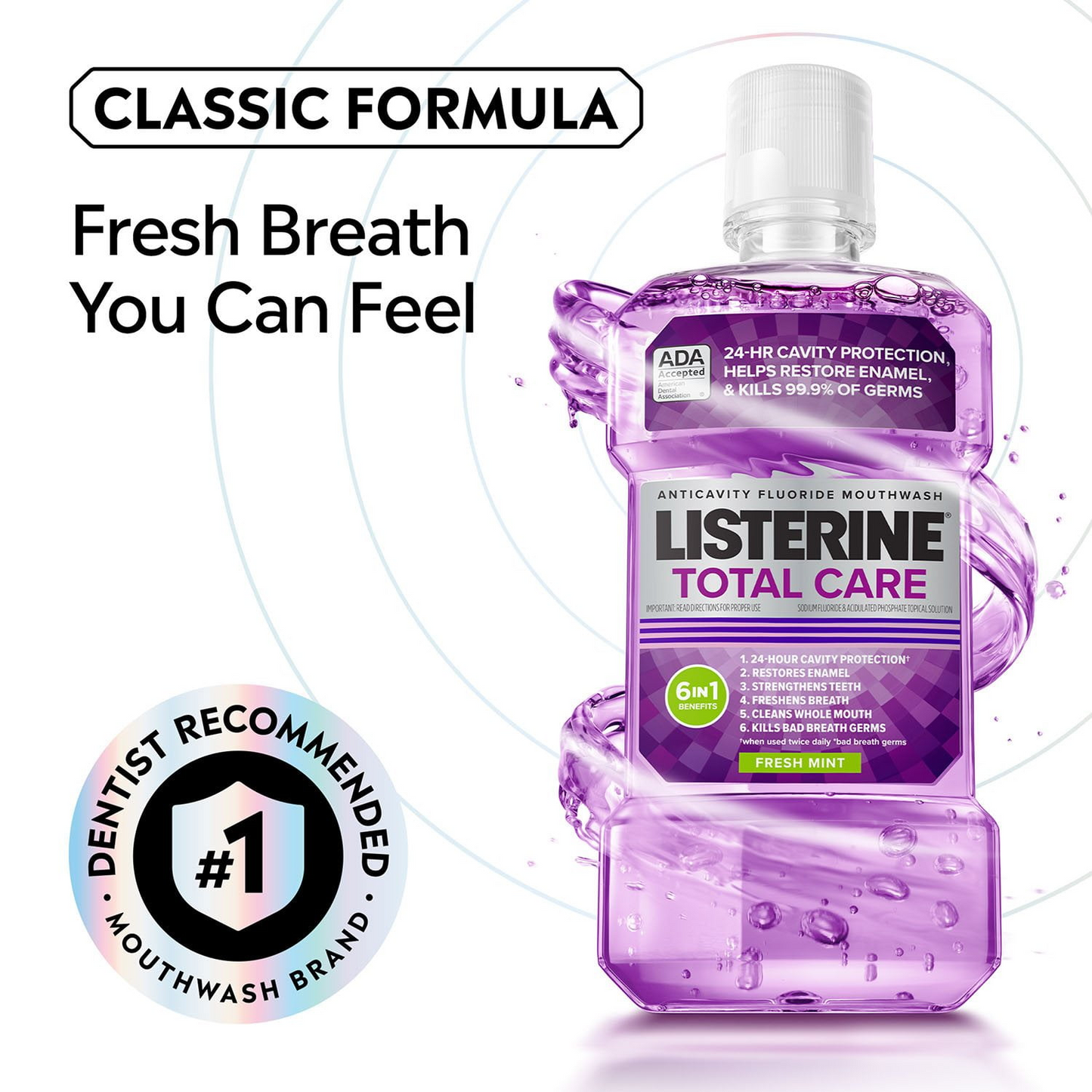 Listerine 리스테린 토탈 케어 프레시 민트 구강세정제 패밀리 3팩 6 in 1 종합 케어·불화나트륨·에센셜 오일 (3 × 33.8 fl oz)