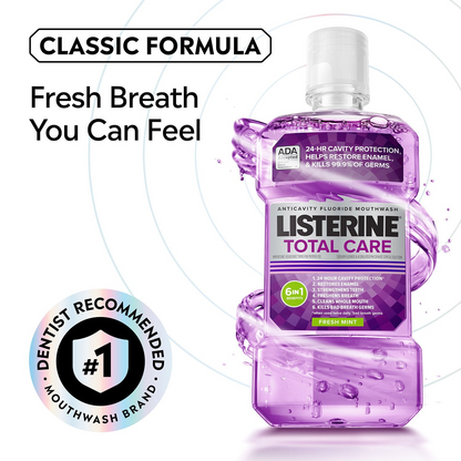Listerine 리스테린 토탈 케어 프레시 민트 구강세정제 패밀리 3팩 6 in 1 종합 케어·불화나트륨·에센셜 오일 (3 × 33.8 fl oz)