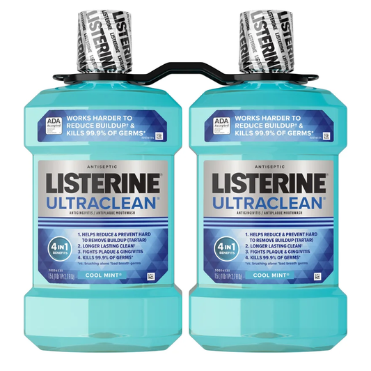 Listerine 리스테린 울트라클린 쿨민트 구강세정제 패밀리 2팩 에센셜 오일 제조 방식·앤티셉틱 오리지널보다 부드러움 (2 × 1.5L)