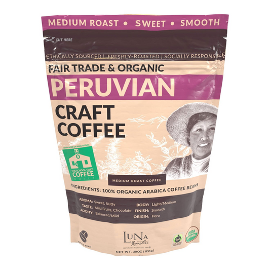 Luna Roasters Organic Peruvian Medium Roast Whole Bean Coffee - 30 oz (850g)