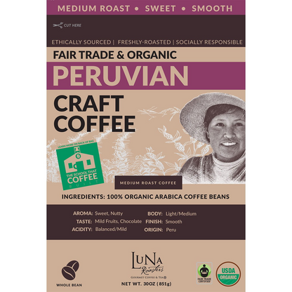 Luna Roasters Organic Peruvian Medium Roast Whole Bean Coffee - 30 oz (850g)