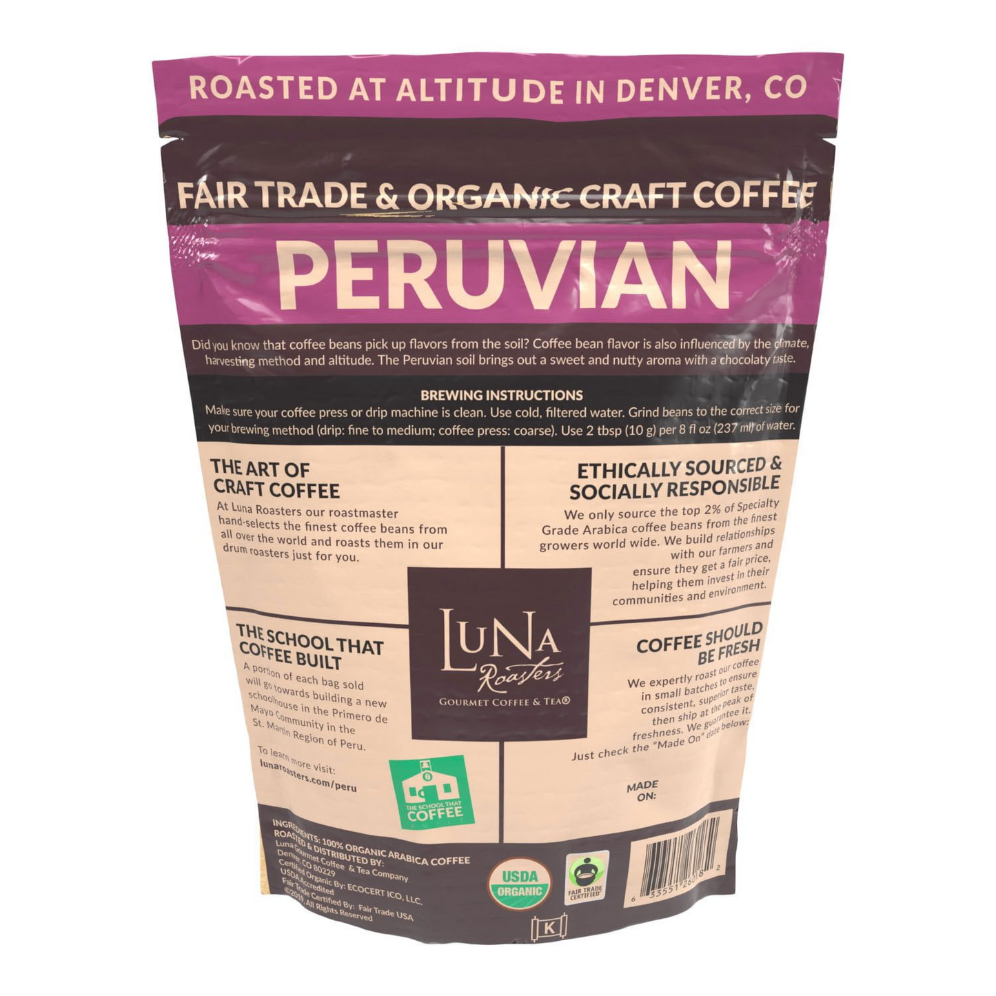 Luna Roasters Organic Peruvian Medium Roast Whole Bean Coffee - 30 oz (850g)
