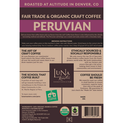 Luna Roasters Organic Peruvian Medium Roast Whole Bean Coffee - 30 oz (850g)