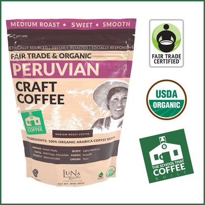 Luna Roasters Organic Peruvian Medium Roast Whole Bean Coffee - 30 oz (850g)