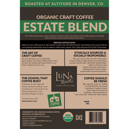 Luna Roasters Organic Estate Blend Dark Roast Whole Bean Coffee - 30 oz (850g)