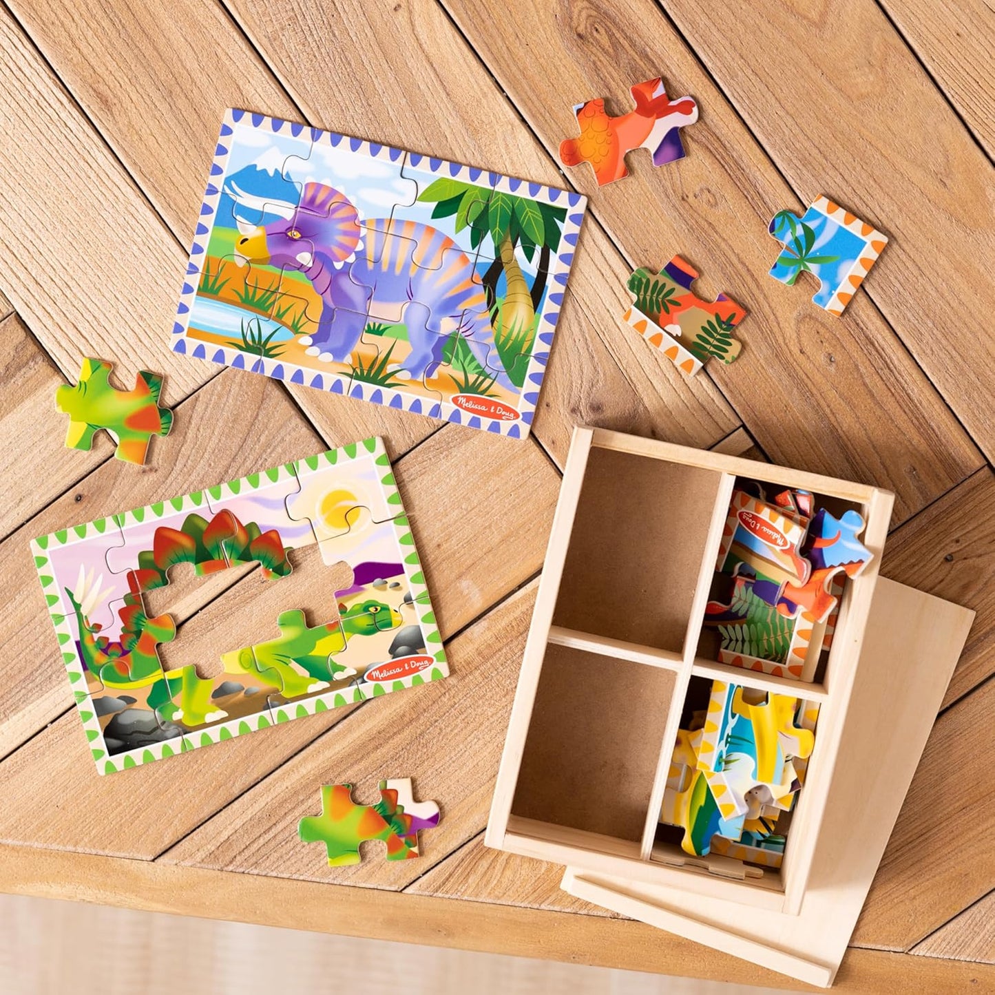 Melissa & Doug 멜리사 앤 더그 4-in-1 원목 공룡 직소 퍼즐 세트 48조각 보관함 포함 (3-6세)