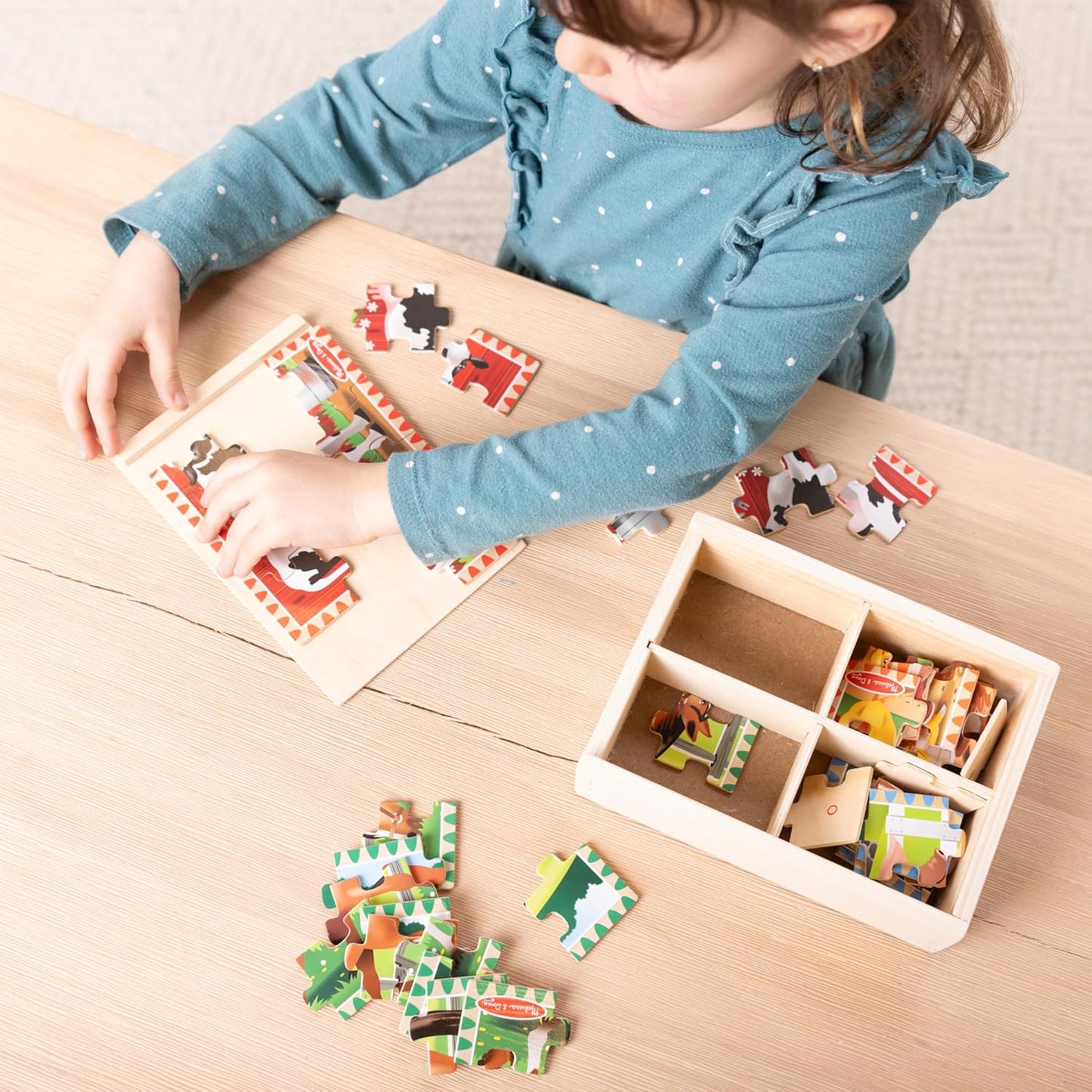 Melissa & Doug 멜리사 앤 더그 4-in-1 원목 농장 직소 퍼즐 세트 48조각 보관함 포함 (3-6세)