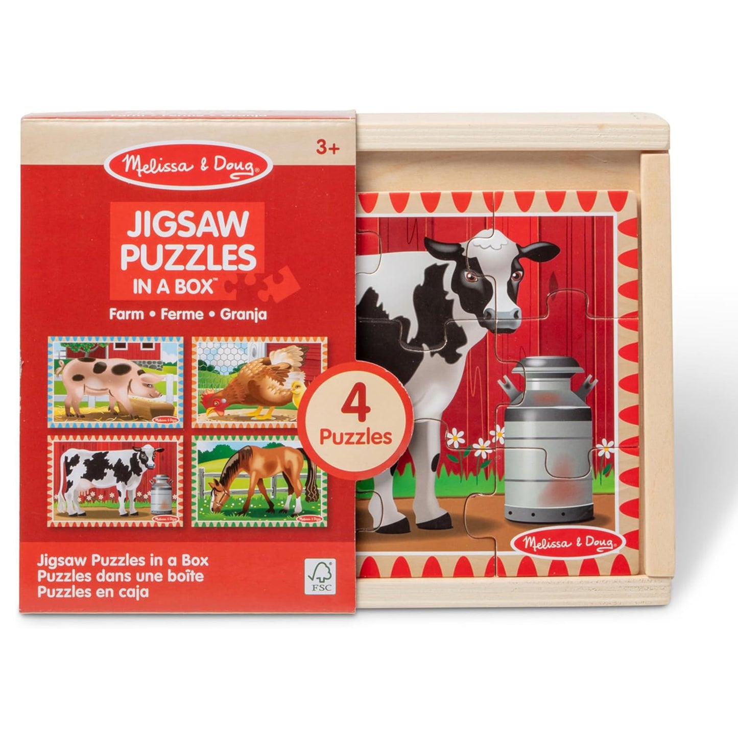 Melissa & Doug 멜리사 앤 더그 4-in-1 원목 농장 직소 퍼즐 세트 48조각 보관함 포함 (3-6세)