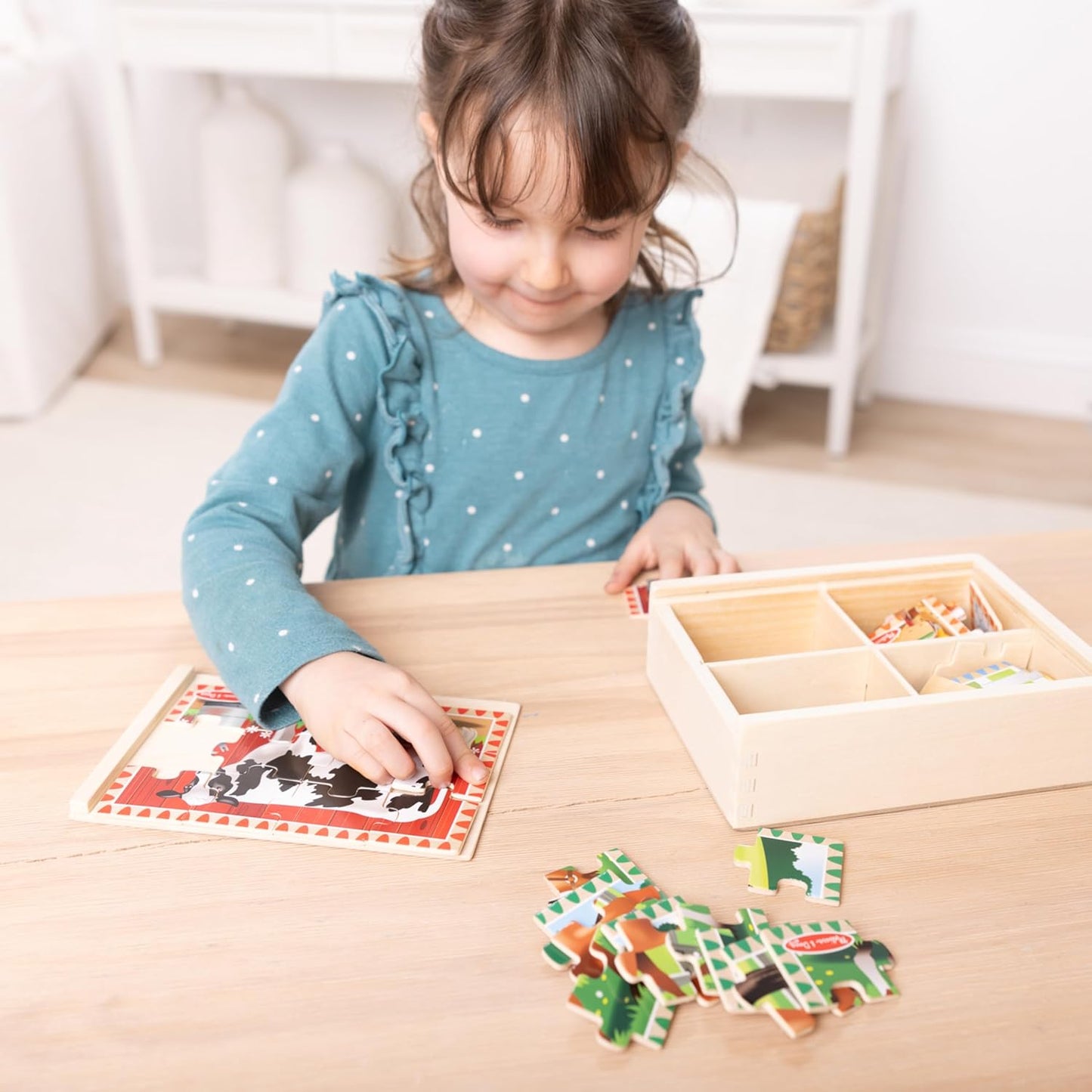 Melissa & Doug 멜리사 앤 더그 4-in-1 원목 농장 직소 퍼즐 세트 48조각 보관함 포함 (3-6세)