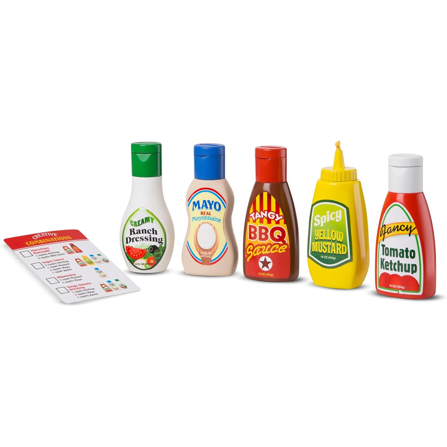 Melissa & Doug 멜리사앤더그 페이버릿 콘디멘트 5피스 원목 놀이 음식 케첩·머스타드·소금·후추·핫소스 (3세 이상)