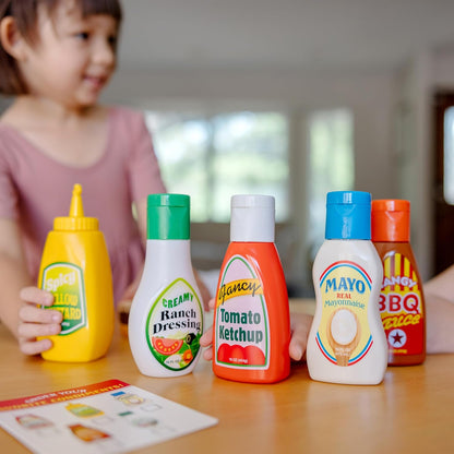 Melissa & Doug 멜리사앤더그 페이버릿 콘디멘트 5피스 원목 놀이 음식 케첩·머스타드·소금·후추·핫소스 (3세 이상)