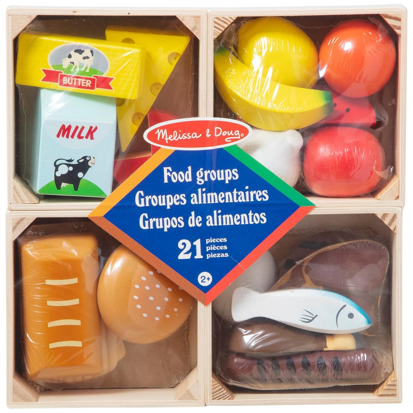 Melissa & Doug Food Groups — 21-Piece Wooden Pretend Play Food Set with 4 Sorting Crates (Ages 3+)