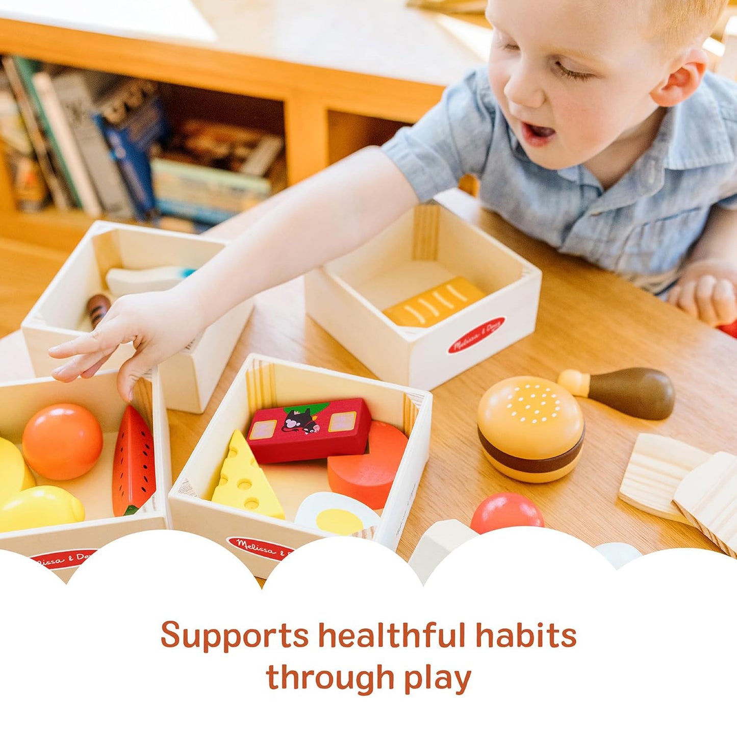 Melissa & Doug Food Groups — 21-Piece Wooden Pretend Play Food Set with 4 Sorting Crates (Ages 3+)