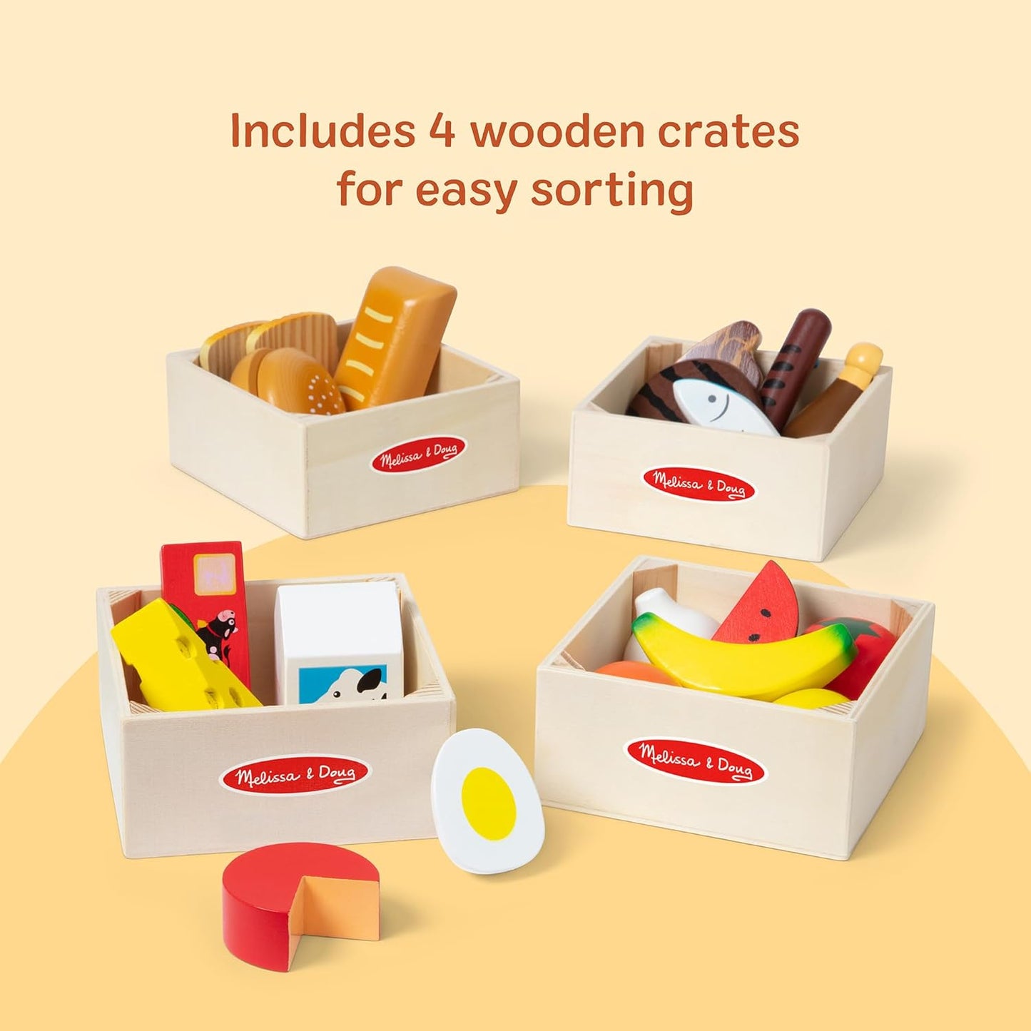 Melissa & Doug Food Groups — 21-Piece Wooden Pretend Play Food Set with 4 Sorting Crates (Ages 3+)