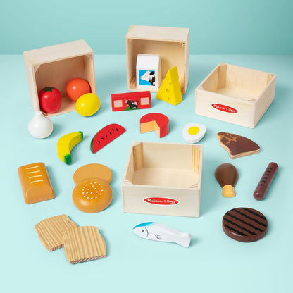 Melissa & Doug Food Groups — 21-Piece Wooden Pretend Play Food Set with 4 Sorting Crates (Ages 3+)