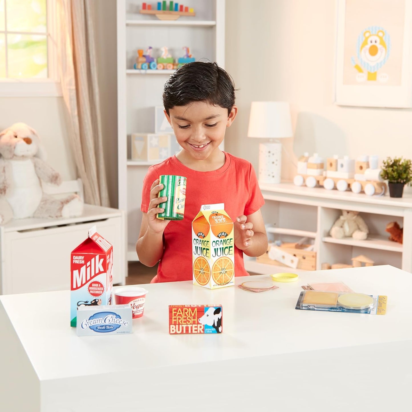 Melissa & Doug Fridge Fillers — 8-Piece Wooden Grocery Play Food Cartons (Milk, Juice, Eggs & More, Ages 3+)