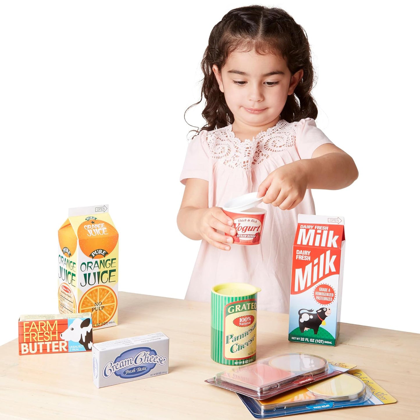 Melissa & Doug Fridge Fillers — 8-Piece Wooden Grocery Play Food Cartons (Milk, Juice, Eggs & More, Ages 3+)