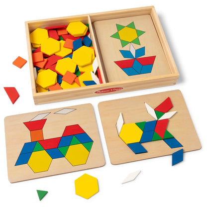 Melissa & Doug Pattern Blocks & Boards — 120 Wooden Shape Tiles with 5 Pattern Cards (Ages 3-6)