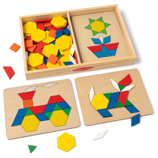 Melissa & Doug 멜리사 앤 더그 패턴 블록 & 보드 — 120개 원목 도형 타일과 5장의 패턴 카드 (3-6세)
