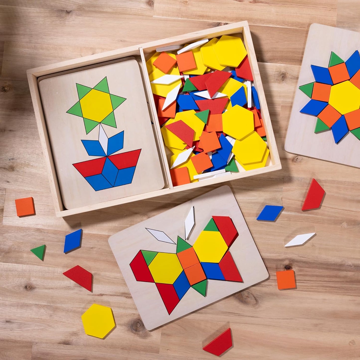 Melissa & Doug Pattern Blocks & Boards — 120 Wooden Shape Tiles with 5 Pattern Cards (Ages 3-6)