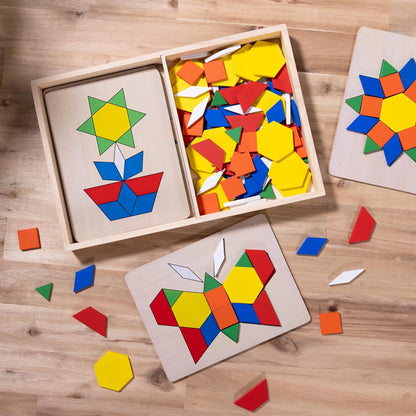 Melissa & Doug Pattern Blocks & Boards — 120 Wooden Shape Tiles with 5 Pattern Cards (Ages 3-6)