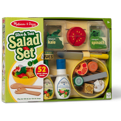 Melissa & Doug Slice & Toss Salad Set — 52-Piece Wooden Pretend Play Salad with Bowl, Tongs & Cutting Tools (Ages 3+)