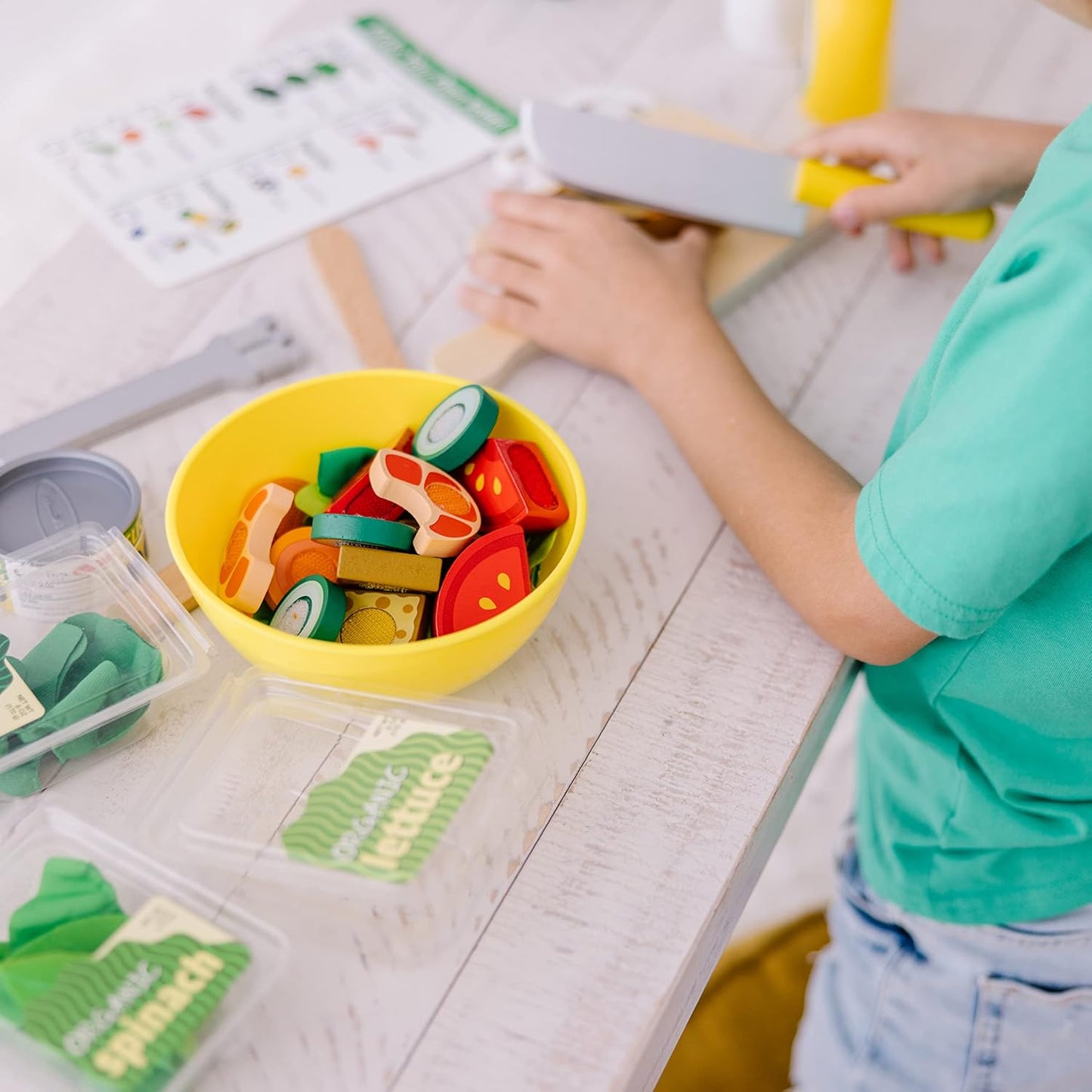 Melissa & Doug Slice & Toss Salad Set — 52-Piece Wooden Pretend Play Salad with Bowl, Tongs & Cutting Tools (Ages 3+)