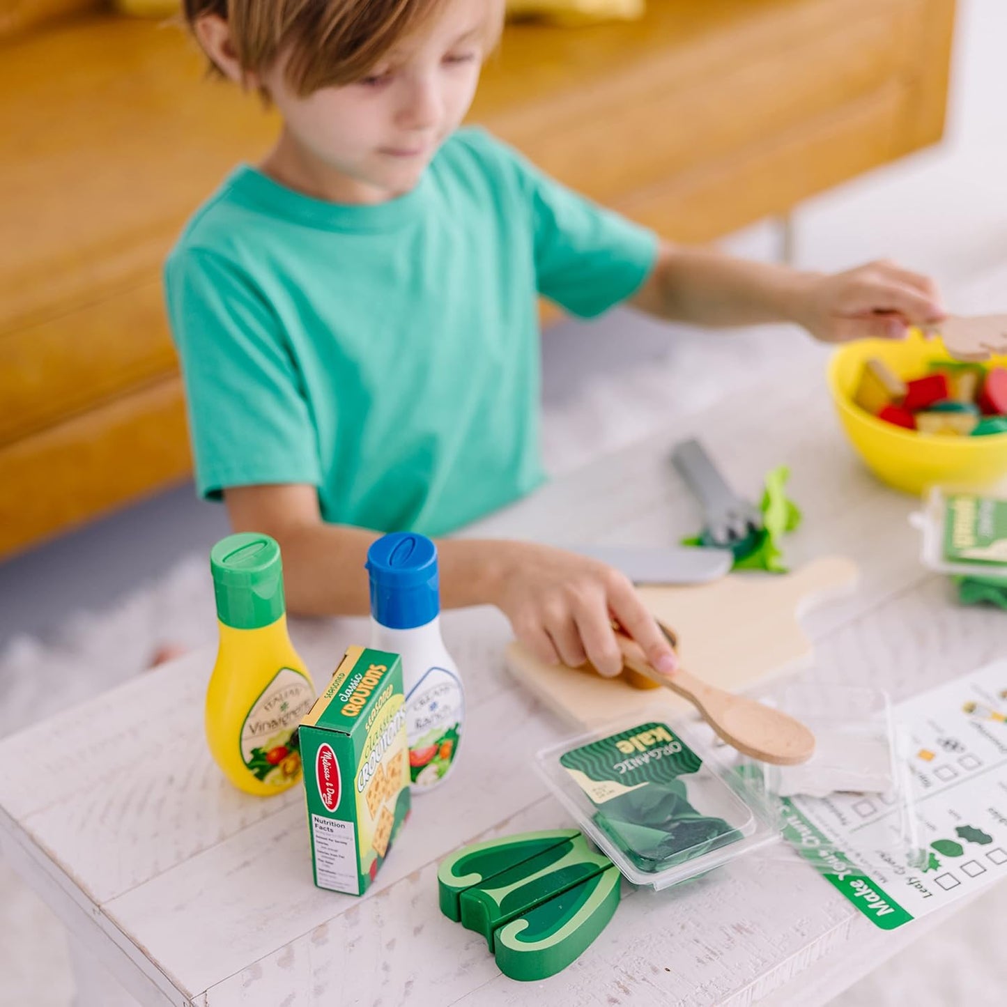 Melissa & Doug Slice & Toss Salad Set — 52-Piece Wooden Pretend Play Salad with Bowl, Tongs & Cutting Tools (Ages 3+)