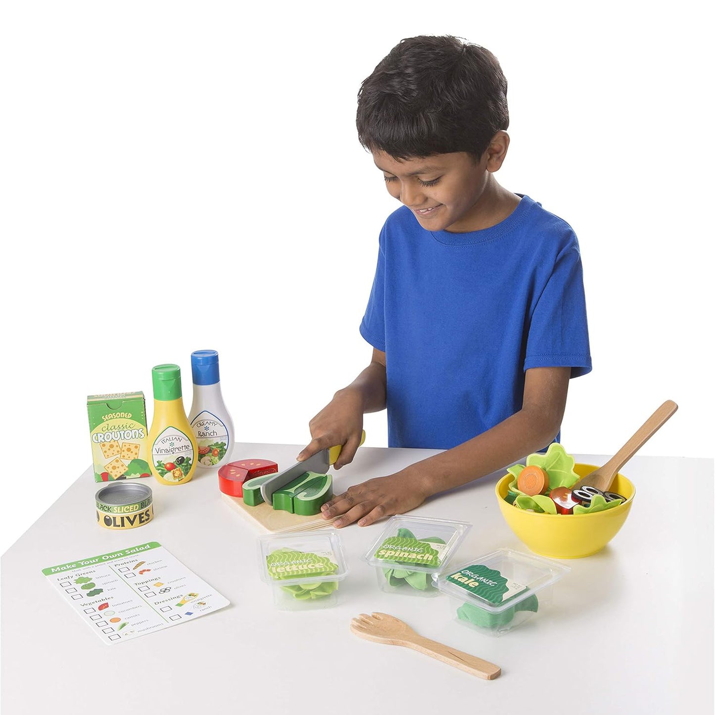 Melissa & Doug Slice & Toss Salad Set — 52-Piece Wooden Pretend Play Salad with Bowl, Tongs & Cutting Tools (Ages 3+)