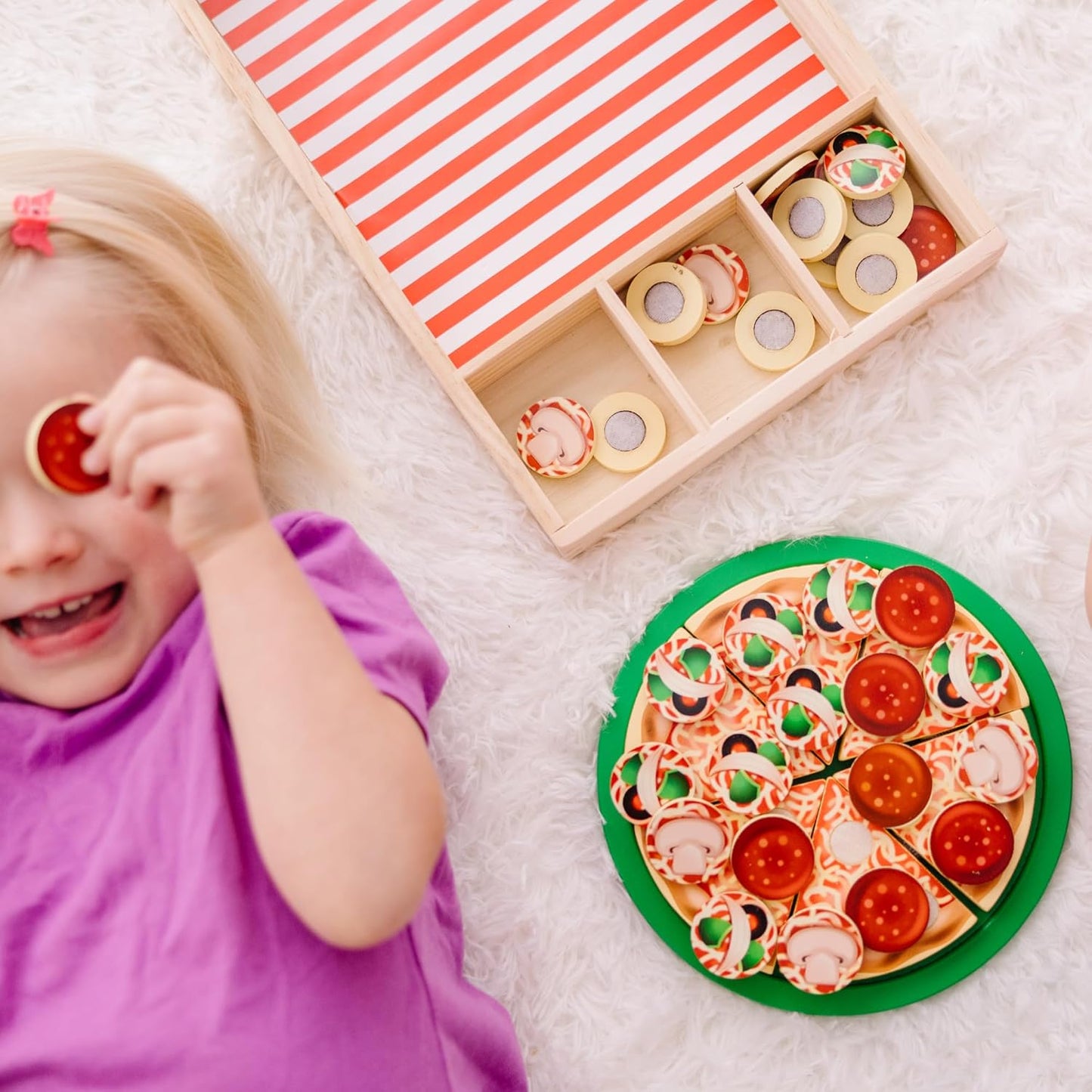 Melissa & Doug Wooden Pizza Party Play Set — 36 Self-Stick Toppings with Pizza, Cutter & Server (Ages 3+)