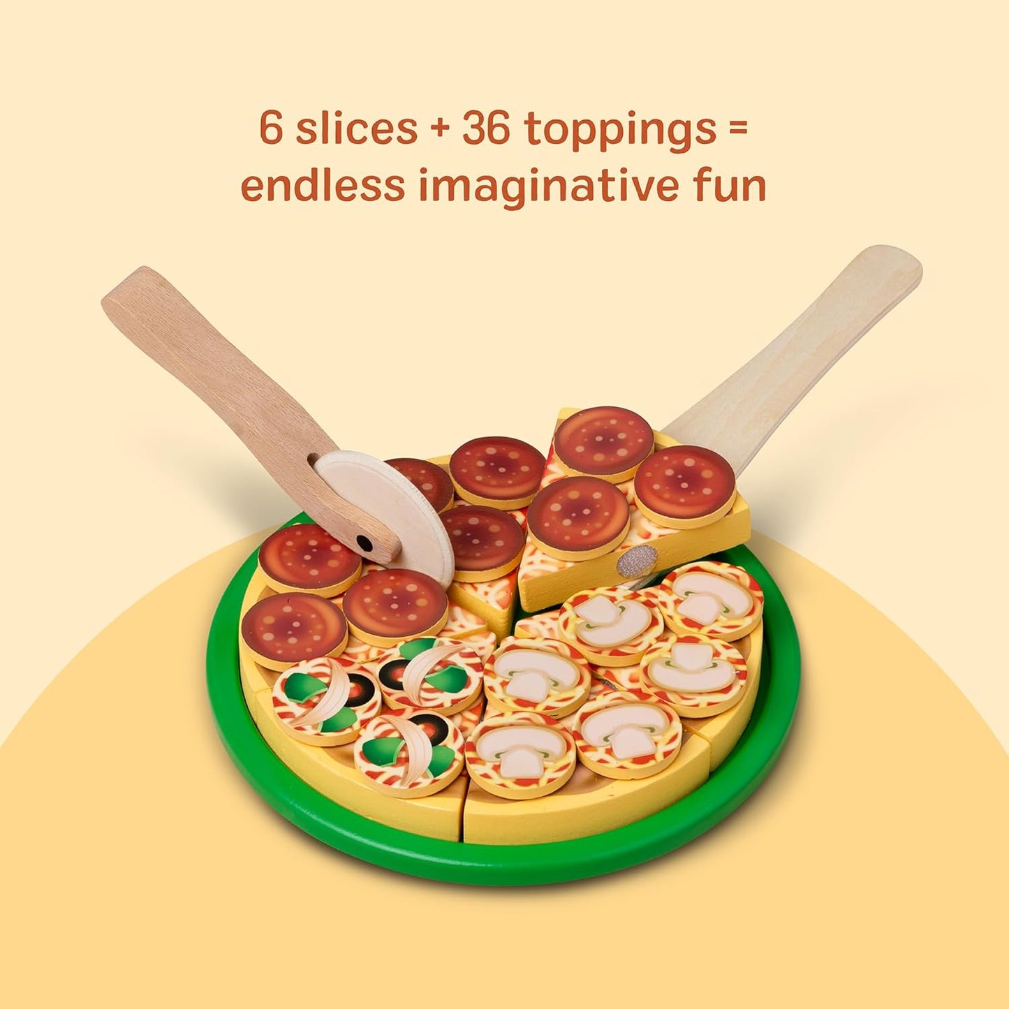 Melissa & Doug Wooden Pizza Party Play Set — 36 Self-Stick Toppings with Pizza, Cutter & Server (Ages 3+)