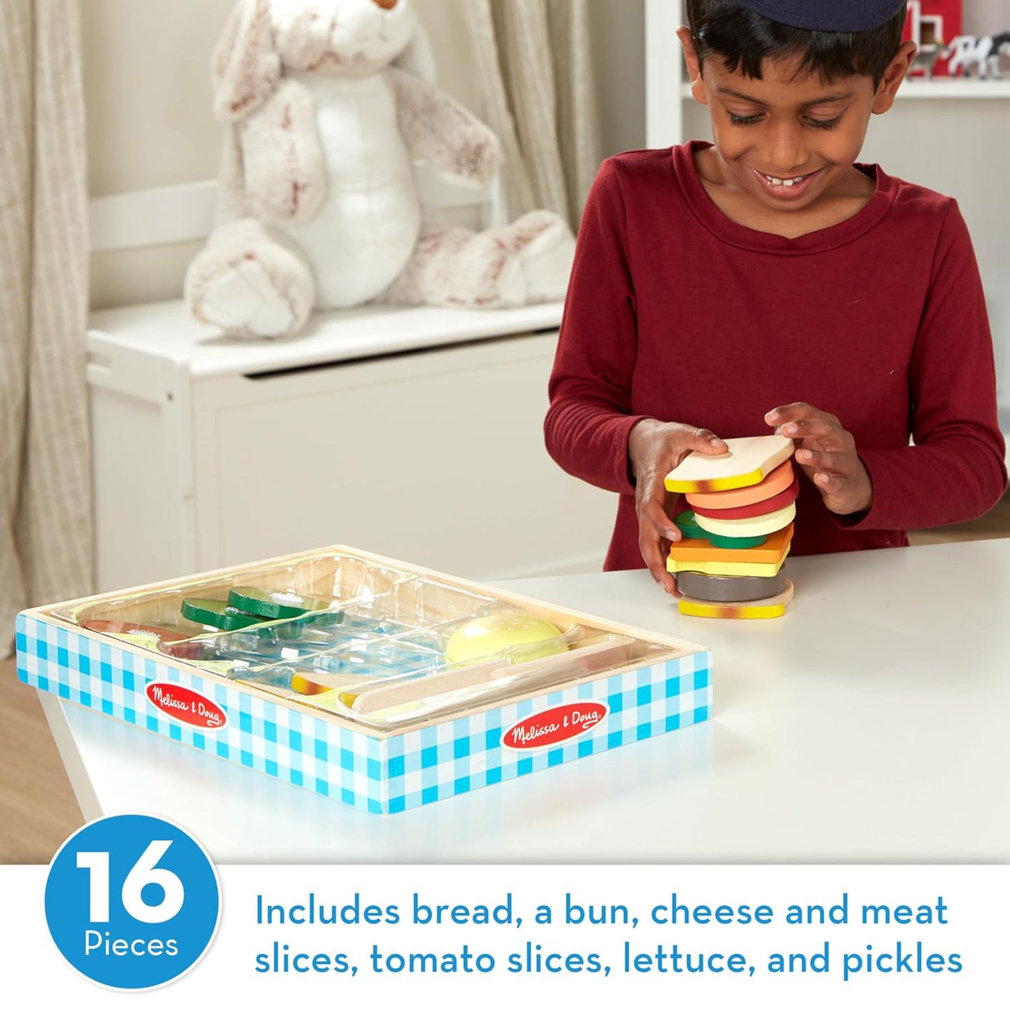 Melissa & Doug 멜리사앤더그 원목 샌드위치 메이킹 세트 빵·치즈·상추·토마토 스택형 (3세 이상)