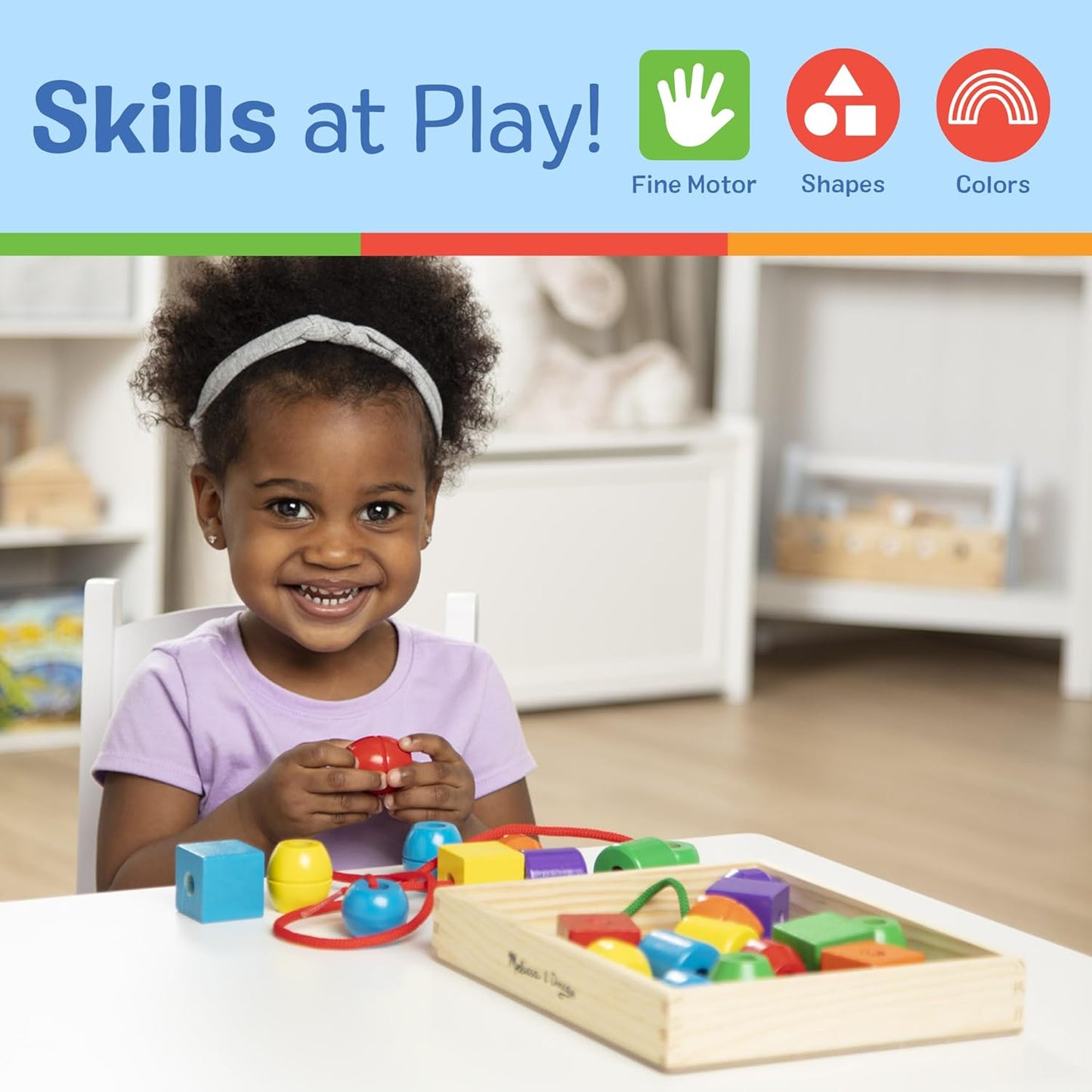 Melissa & Doug 멜리사 앤 더그 프라이머리 레이싱 비즈 — 원목 비즈 30개 + 끈 2개 (3세 이상)