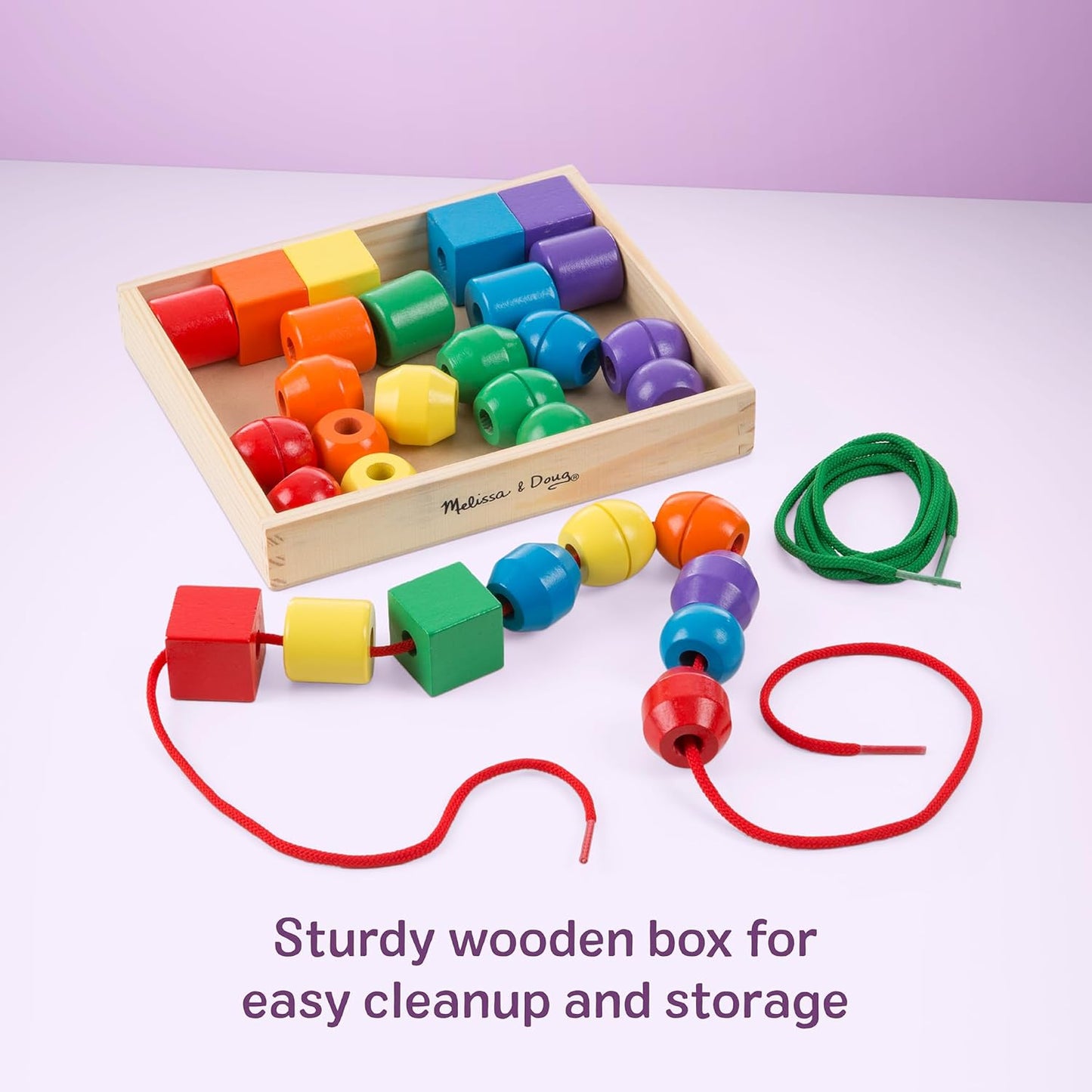 Melissa & Doug 멜리사 앤 더그 프라이머리 레이싱 비즈 — 원목 비즈 30개 + 끈 2개 (3세 이상)