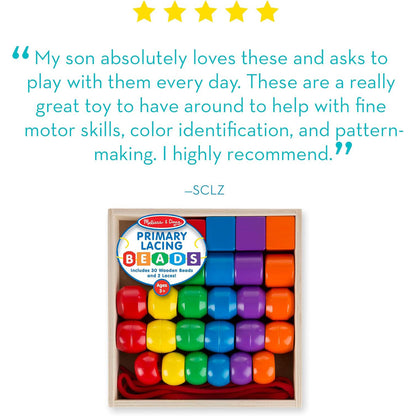 Melissa & Doug 멜리사 앤 더그 프라이머리 레이싱 비즈 — 원목 비즈 30개 + 끈 2개 (3세 이상)