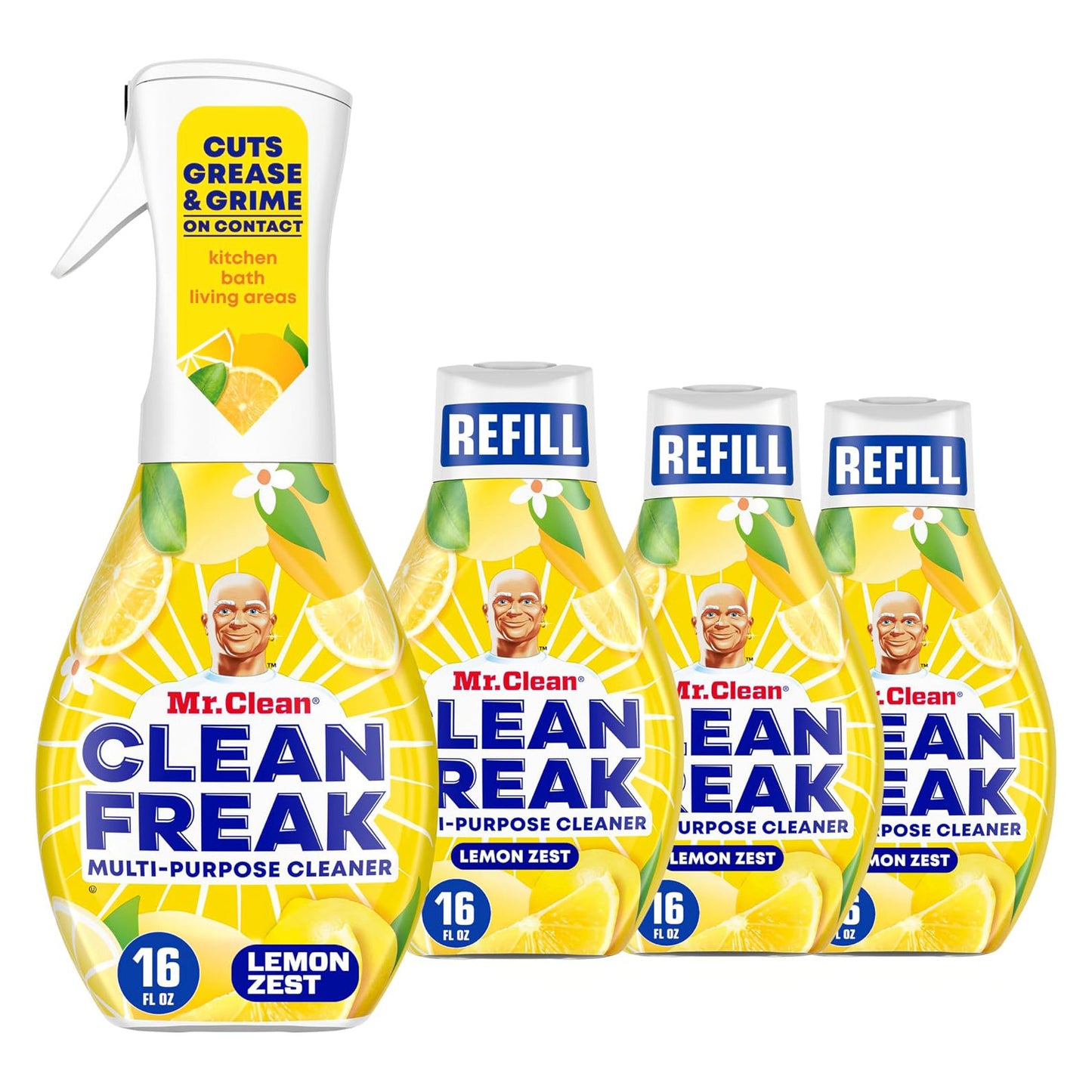 Mr. Clean - Clean Freak - Multi-Purpose Cleaner Starter Kit and Refill Bundle - Lemon - 16 fl oz (473mL) × 4 Bottles