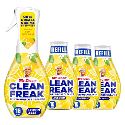 Mr. Clean - Clean Freak - Multi-Purpose Cleaner Starter Kit and Refill Bundle - Lemon - 16 fl oz (473mL) × 4 Bottles