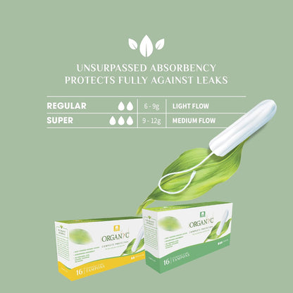 Organyc Certified Organic Cotton Tampons - Regular Absorbency - No Applicator - 16 Count