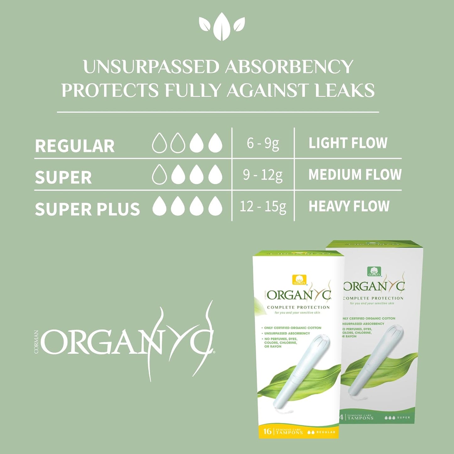 Organyc Certified Organic Cotton Tampons - Super Absorbency - No Applicator - 16 Count