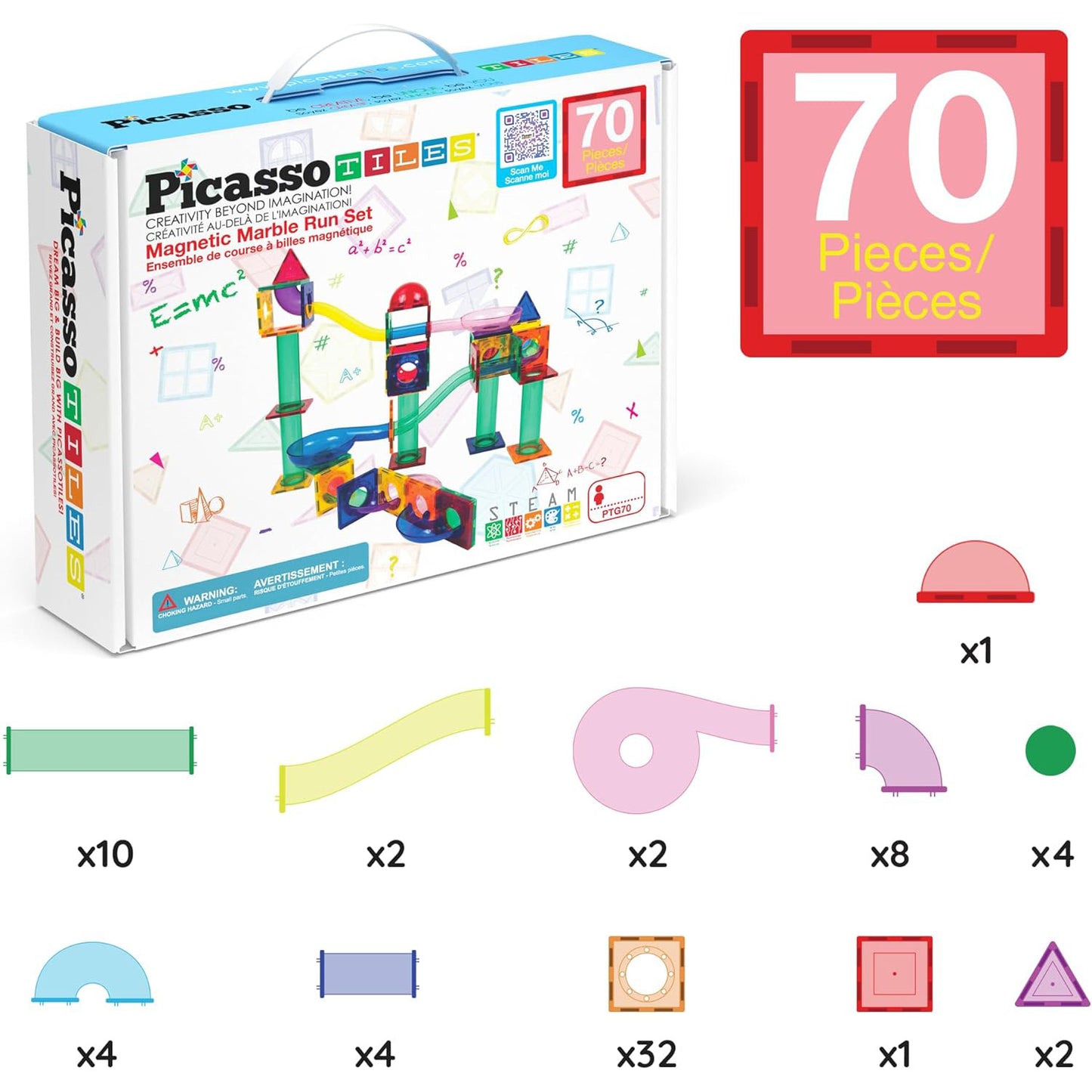 PicassoTiles 70-Piece Marble Run Magnetic Tiles STEM Set