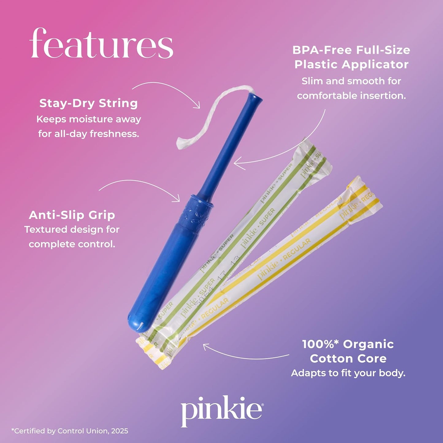 Pinkie Organic Tampons - Regular & Super - Slim Applicator - 36 Count