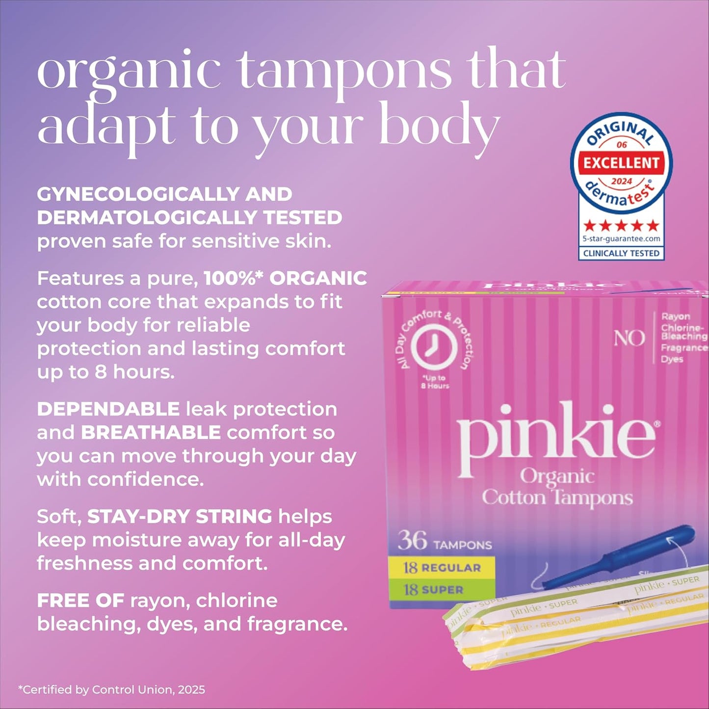 Pinkie Organic Tampons - Regular & Super - Slim Applicator - 36 Count