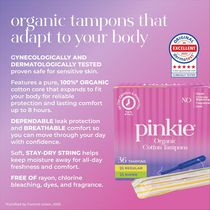 Pinkie Organic Tampons - Regular & Super - Slim Applicator - 36 Count
