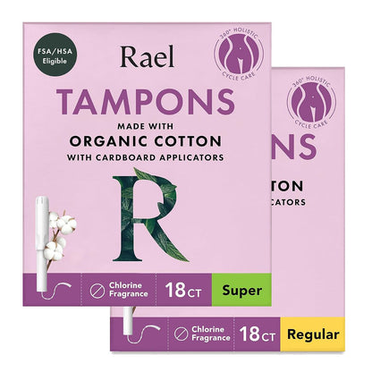 Rael Organic Cotton Core Tampons - Regular & Super - Cardboard Applicator - 36 Count
