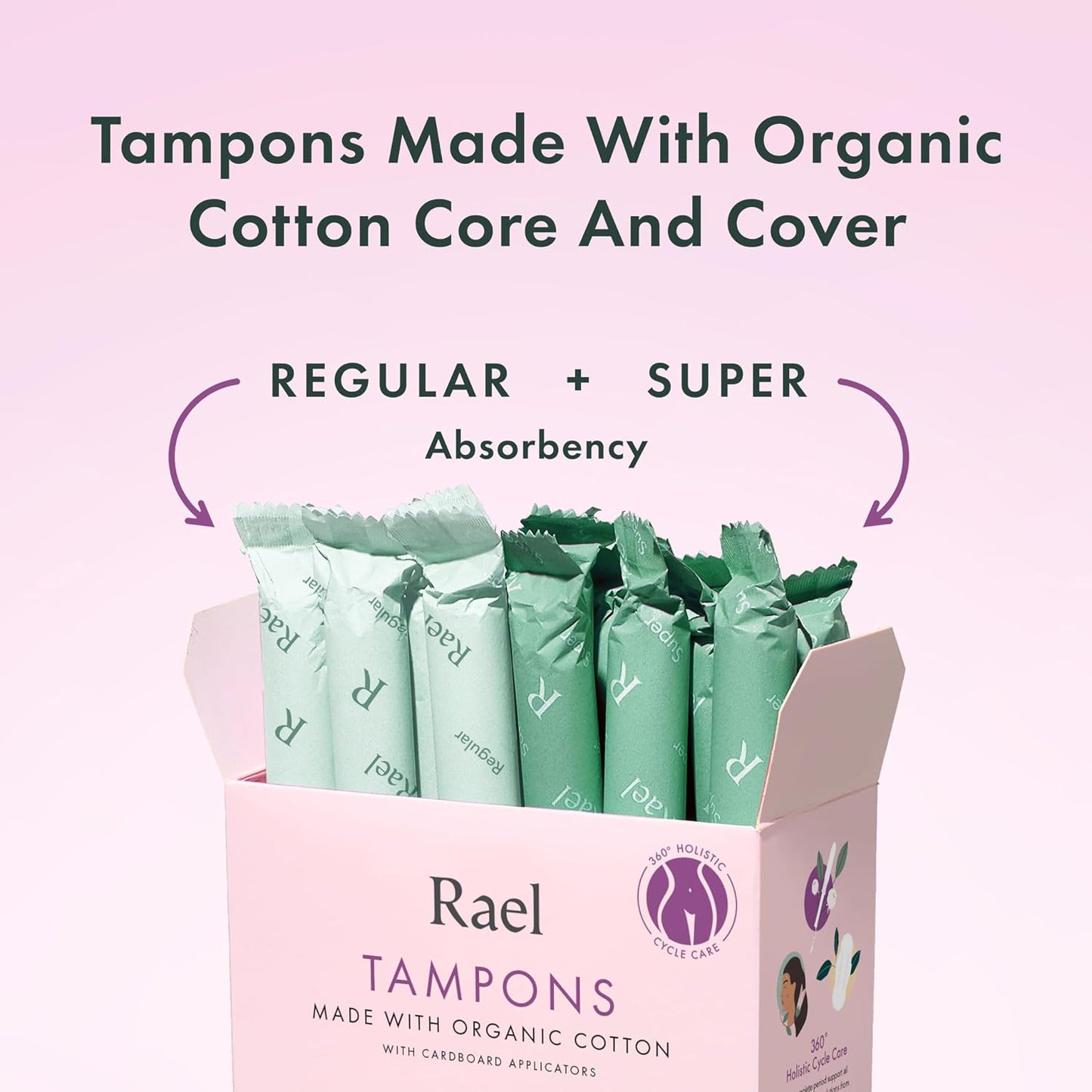 Rael Organic Cotton Core Tampons - Regular & Super - Cardboard Applicator - 36 Count