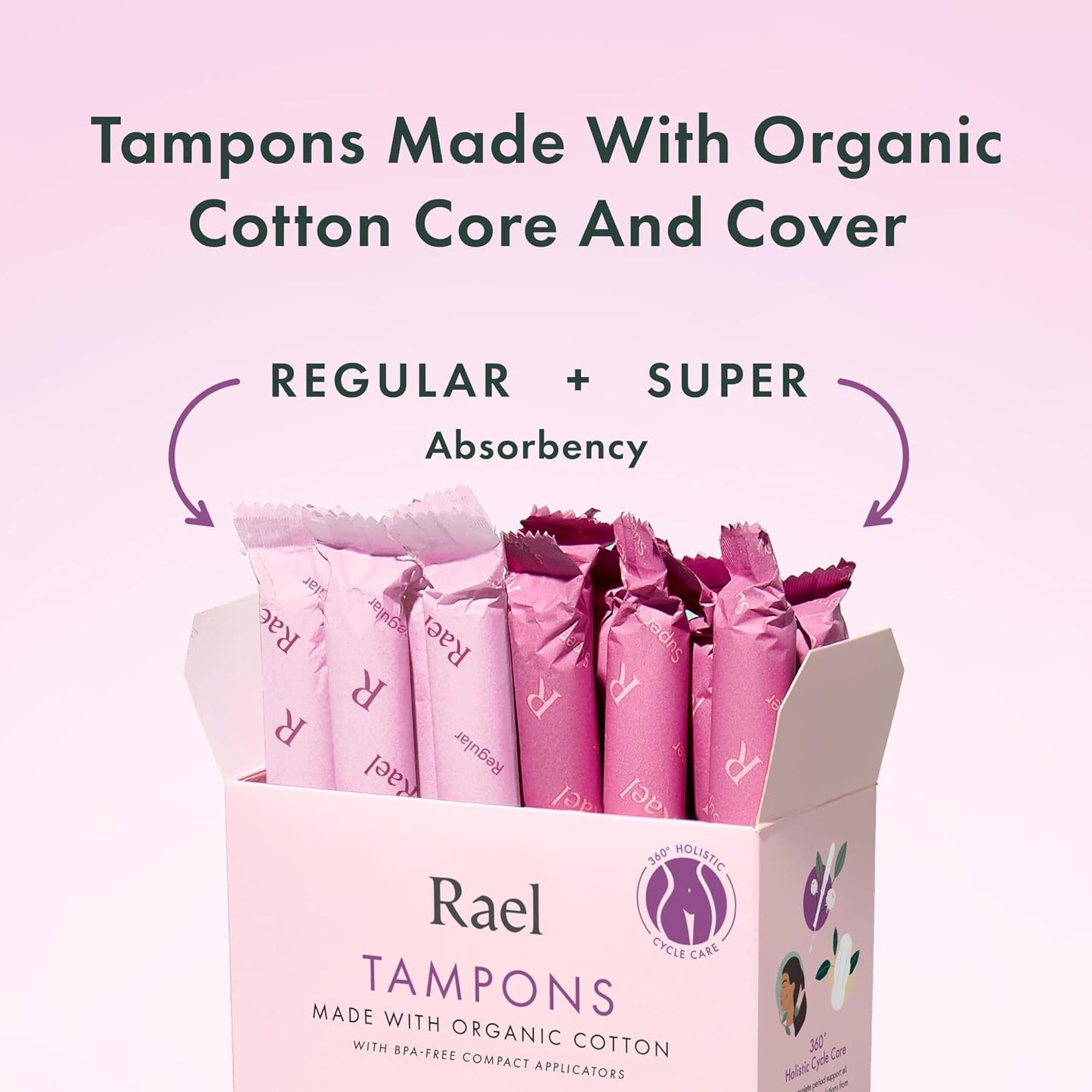 Rael Organic Cotton Core Tampons - Regular Absorbency - Compact Applicator - 36 Count