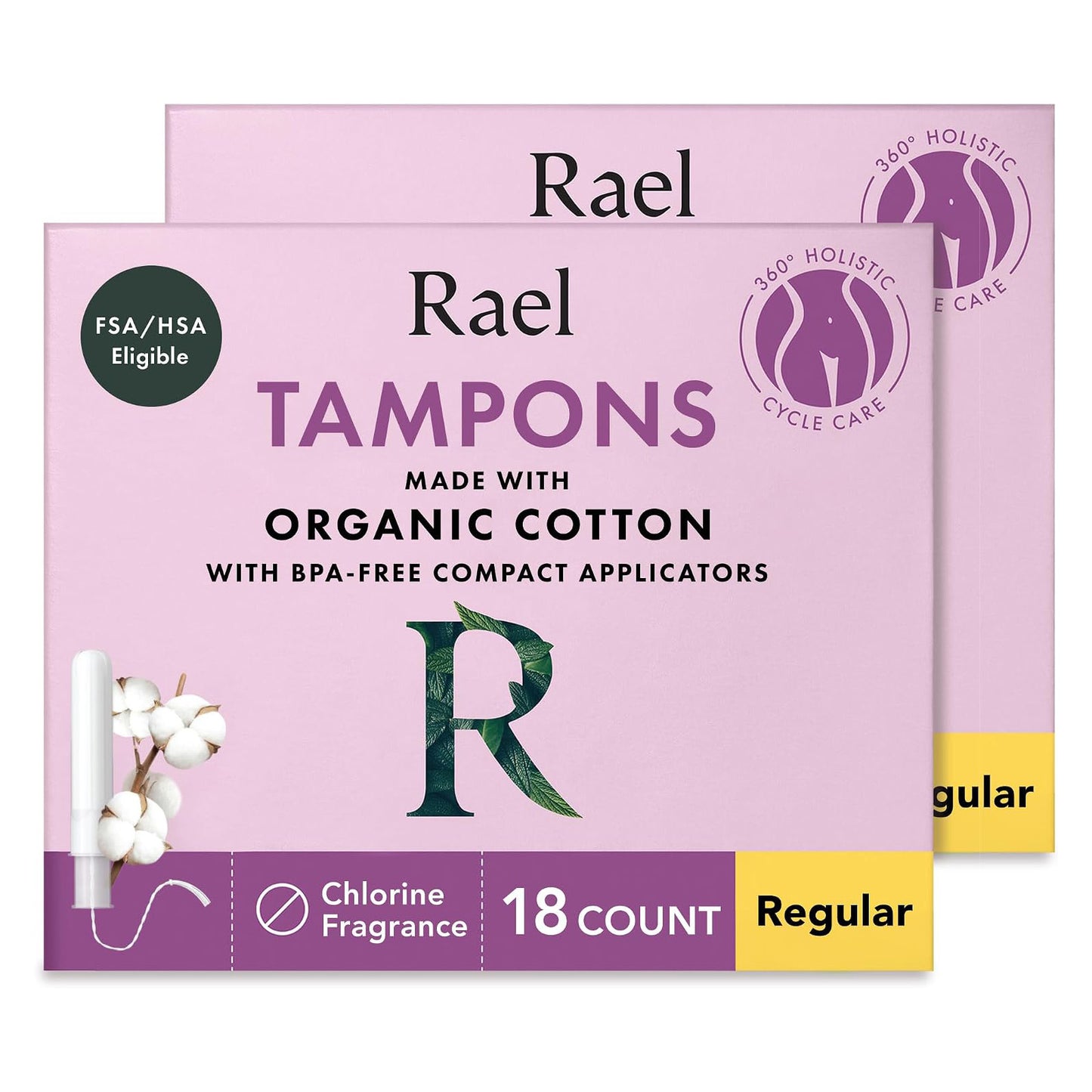 Rael Organic Cotton Core Tampons - Regular Absorbency - Compact Applicator - 36 Count