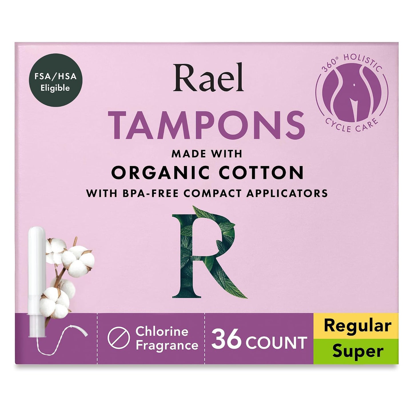 Rael Organic Cotton Core Tampons - Regular & Super - Compact Applicator - 36 Count