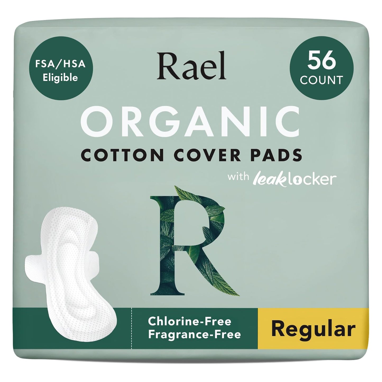 Rael Organic Cotton Cover Pads with Wings - Regular - Unscented - 56 Count